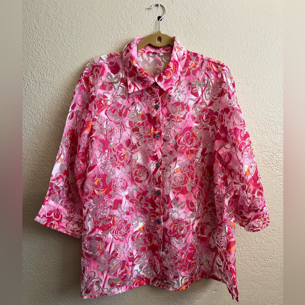 Women’s Multicolor Sheer Blouse 3/4 Sleeve Size 2X Button Up Pink And Orange